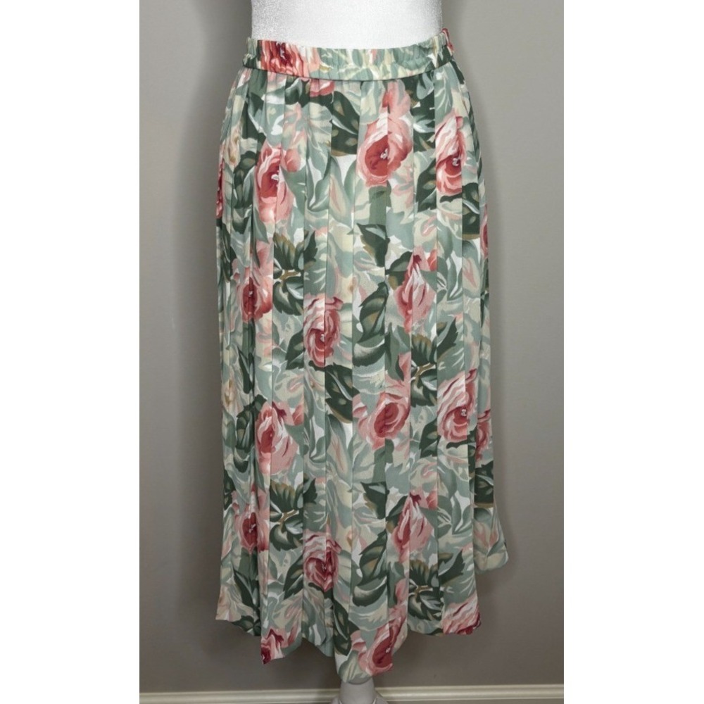 Koret Vintage Floral Pleated Midi Skirt Pink Sage Green Rose Print Size 16